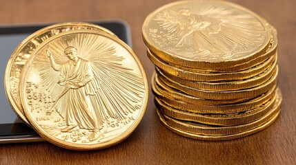 Explore the intricate relationship between gold coins and financial news on a tablet to understand current economic trends and investment strategies