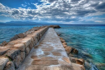 Fototapeta premium Stone path leading to the ocean on a cloudy day