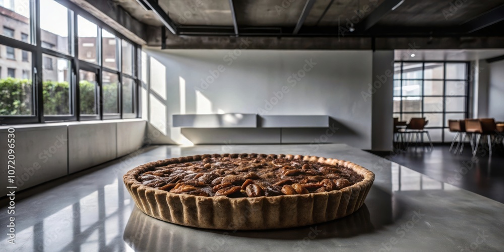 Poster A freshly baked pie with a flaky crust and a rich filling sits on a gray countertop, bathed in soft sunlight streaming through large windows in a modern loft.