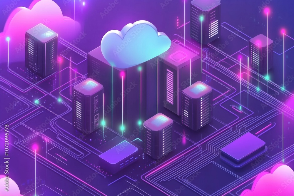 Poster cloud computing infrastructure with servers and data connections