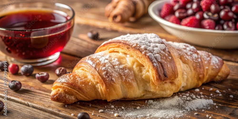 Poster a buttery croissant dusted with powdered sugar sits on a wooden table alongside a cup of red juice a