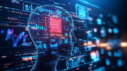Obraz premium Concept of artificial intelligence with a digital interface showing various data analytics and charts, symbolizing advanced technology, machine learning, and big data. Ideal for co