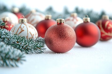 A group of red and white Christmas ornaments hanging from a tree or stand