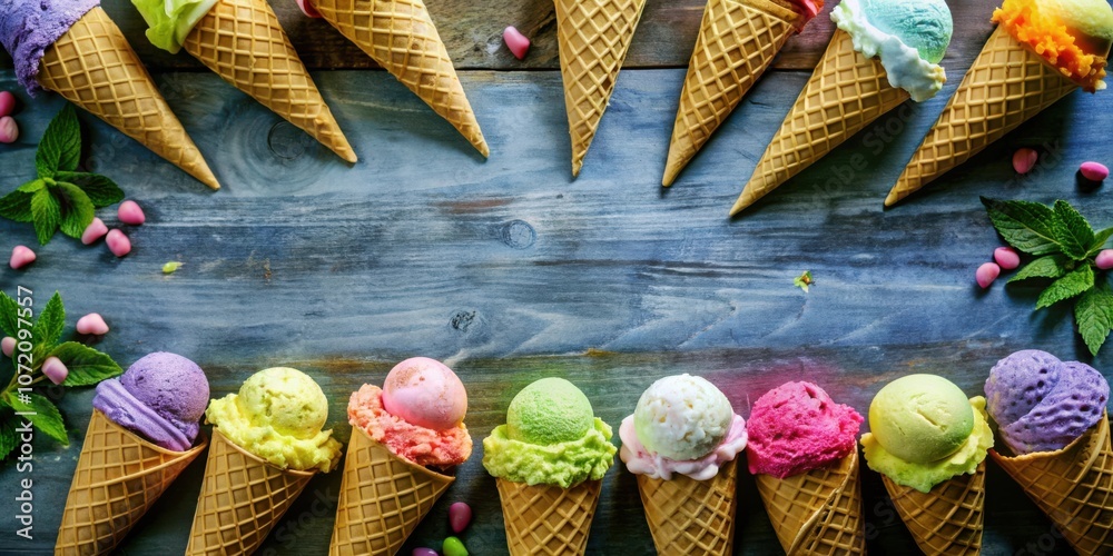 Aufkleber a collection of colorful ice cream cones on a rustic wooden surface, showcasing a vibrant display of