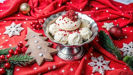 Naklejka premium Festive Holiday Treats in a Silver Bowl on a Red Cloth Decorated with Holiday Ornaments