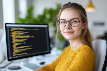 young woman with glasses, smiling at the camera while sitting in front of a monitor displaying code. The setting is a bright, modern workspace with greenery in the background