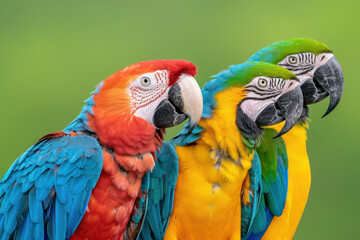 Obraz premium Bird day. Three vibrant macaws, one scarlet and two blue and yellow, perched closely together against a green backdrop, highlighting their vibrant feathers and striking features. 