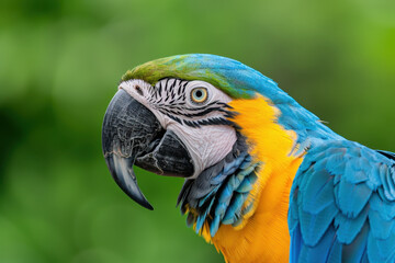 Obraz premium Bird day. Portrait of a blue and yellow macaw with striking colors and a soft green background, focusing on its vibrant feathers and intense gaze. 
