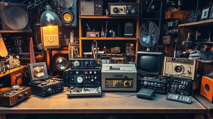 Vintage space communication equipment in a dimly lit room, symbolizing the intersection of old technology and new frontiers, where the past meets the future in a quest for knowledge and exploration.