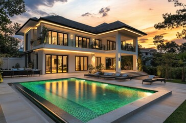 Fototapeta premium Modern house with pool, lighting design and rendering, front view, warm evening light, modern white walls, black roof, terrace on the second floor overlooking the garden