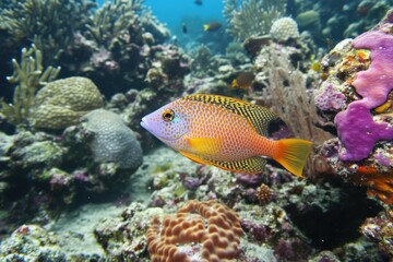 Fototapeta premium Colorful fish swimming among vibrant coral reef