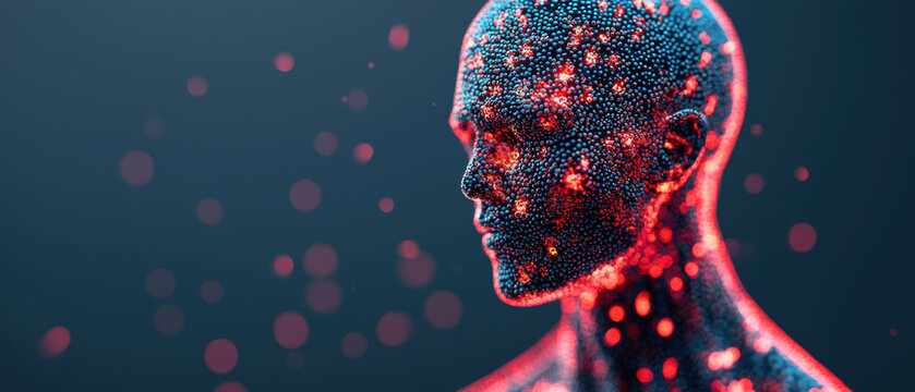 A digital representation of a human head, composed of intricate patterns and glowing points, symbolizing technology and the intersection of humanity and data.