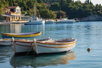 Fototapeta premium A group of boats floating on the surface of a calm body of water