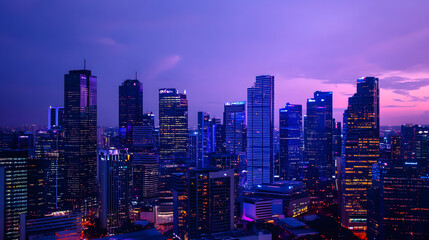 Naklejka premium Future Dusk: A Vibrant City Skyline at Twilight Highlighting Earthy Tones and Cheerful Accents