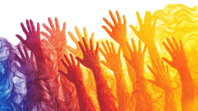 Silhouettes of hands reaching upwards, bathed in vibrant rainbow hues, symbolize unity and hope.