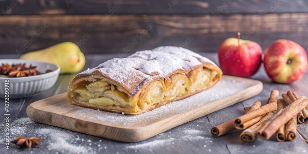 Poster a freshly baked apple strudel, dusted with powdered sugar and resting on a wooden cutting board, sur