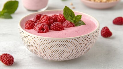 Fresh Raspberry Smoothie Bowl with Mint Leaves and Creamy Texture in a Stylish Speckled Bowl on a Light Background