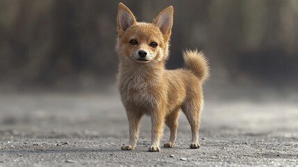 A small dog with a fluffy tail stands on a dirt road