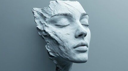 A woman's face is shown in a sculpture made of stone