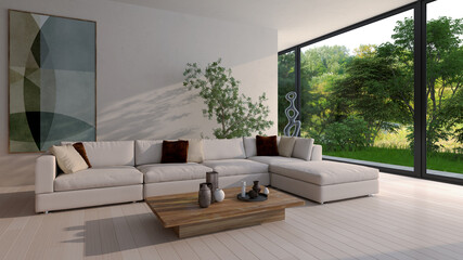 Large luxury modern bright interiors Living room mockup illustration 3D rendering image