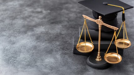 Graduation celebration for law degree achievers with scales of justice on a desk
