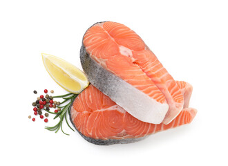 Fresh raw salmon steaks and spices isolated on white