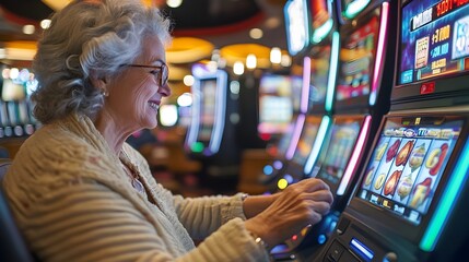 Fototapeta premium Ecstatic Gambler Celebrates Big Slot Machine Win in Vibrant Casino Atmosphere