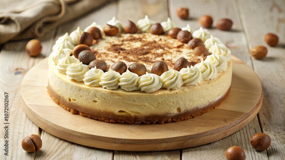 Poster creamy cheesecake with a sprinkle of cocoa powder, surrounded by a row of roasted nuts and a crown o