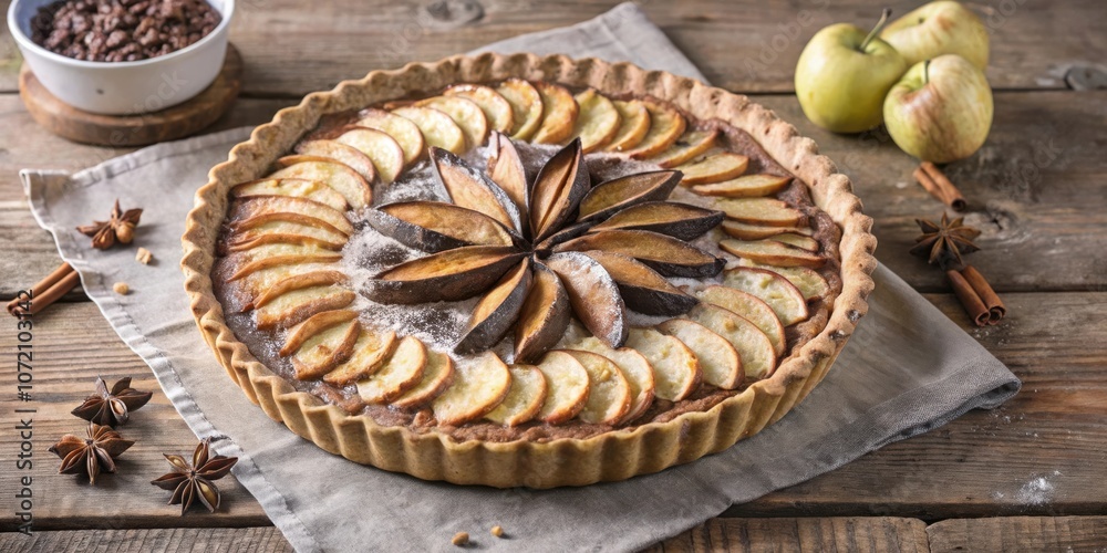Poster a rustic apple pie adorned with a star anise and sprinkled with powdered sugar, sitting on a linen n