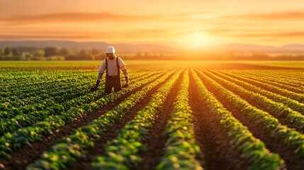 Fototapeta premium Robotic Farming at Sunrise Advanced Automation in a Futuristic Agricultural Landscape