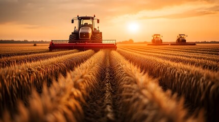 Fototapeta premium Robotic Harvest at Golden Sunset Seamless Blend of Tech and Nature in Peaceful Farmland Scene