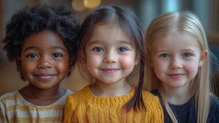 photo of three little smiling children of different nationalities, diversity, african child, white-skinned slavic child, asian, on blurred background of white room