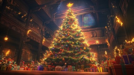 Huge Christmas tree with bright lights and presents