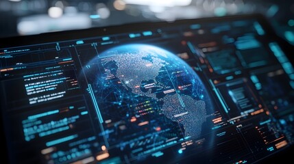 Fototapeta premium Futuristic HUD Earth with Holographic Data Overlay Depicting Global Technology and Connectivity