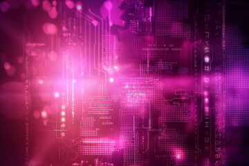 Obraz premium Abstract cyber tech background with intricate digital codes, holographic circuit patterns, and faint neon glows in a dark setting.