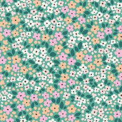 Cute floral pattern in small abstract flowers. Small light colorful flowers. Blue green background. Ditsy print. Floral seamless background. Elegant template for fashion prints.