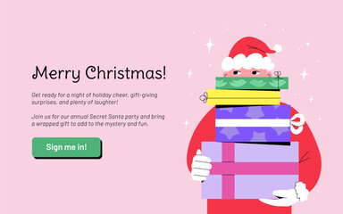 Secret Santa landing page invitation template. A person in Santa Claus costume holding a pile of wrapped Christmas gifts. Design for holiday poster, social media, or banner. Vector