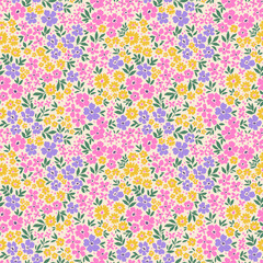 Cute floral background. Floral pattern with small pink, lilac and yellow flowers on a white background. Seamless pattern for design and fashion prints. Ditsy style. Stock vector illustration.