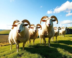 Fototapeta premium A picturesque group of Wiltshire sheep in a vibrant green landscape, with their distinctive horns against a clear sky