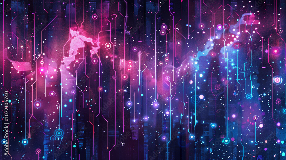 Poster abstract cyber tech background with intricate digital codes, holographic circuit patterns, and faint