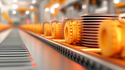 Close-up of a row of shiny, metallic gears on a conveyor belt in a factory setting.