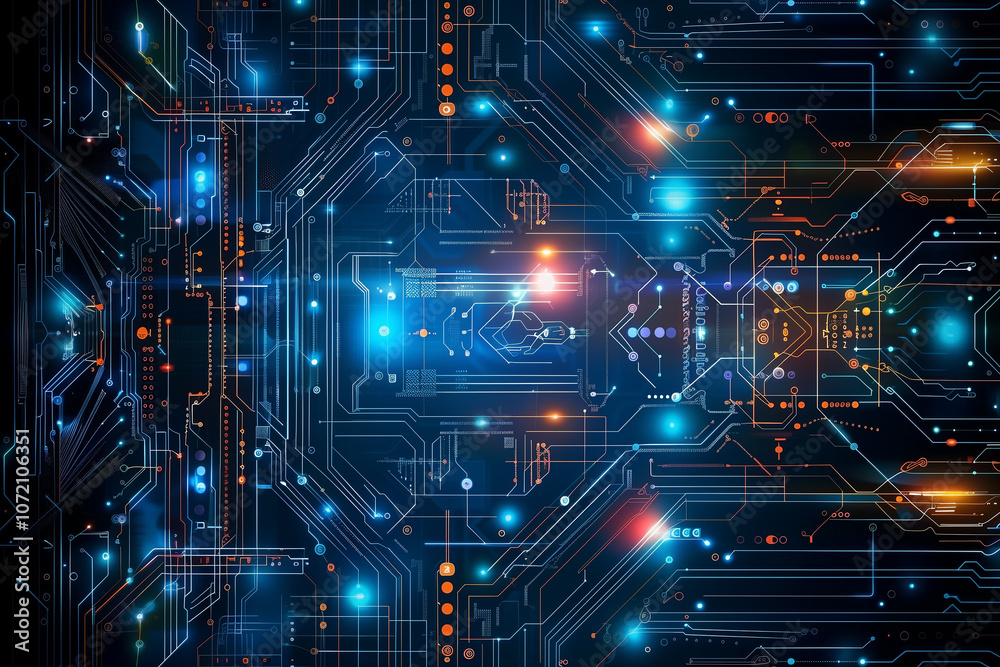 Poster abstract cyber tech background with intricate digital codes, holographic circuit patterns, and faint