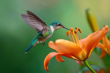 Fototapeta premium Bird day. A stunning close-up of a green hummingbird hovering near an orange lily, capturing its iridescent feathers and precise wing movement against a soft-focus background. 