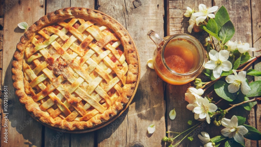Aufkleber A Rustic Apple Pie with a Lattice Crust and a Glass of Honey on a Weathered Wooden Table