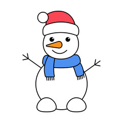 Funny snowman in flat style isolated on a white background. Vector illustration, colored icon. 
