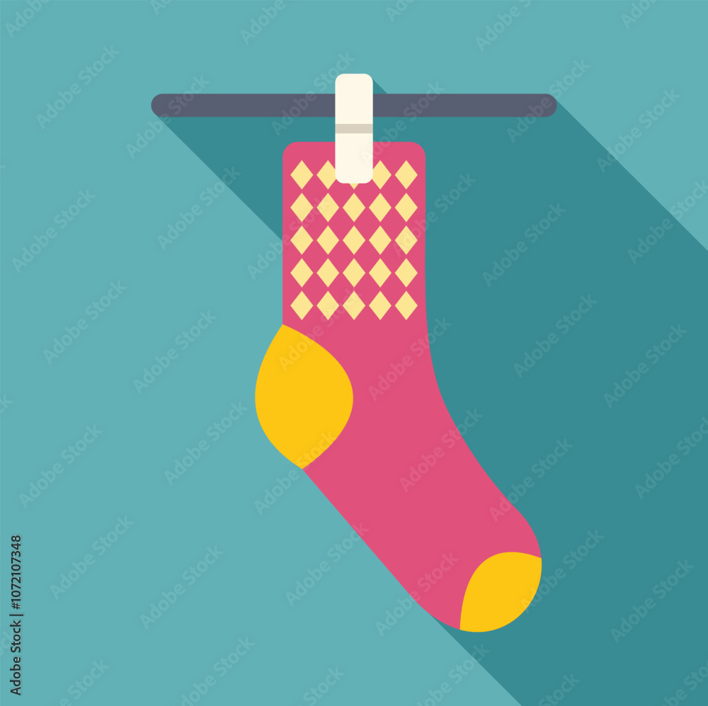 Canvas Prints Clean pink sock with yellow rhombus pattern hanging on clothesline, drying laundry after washing