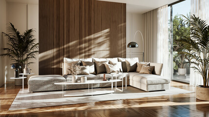 Large luxury modern bright interiors Living room mockup illustration 3D rendering image