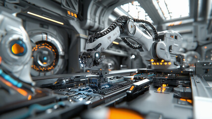 Fototapeta premium A robotic arm places a component on a futuristic assembly line..