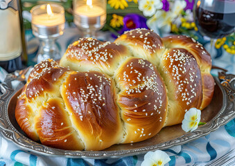 Challah, shabbat wine, torah and candles. Traditional Jewish Shabbat ritual. Shabbat Shalom.