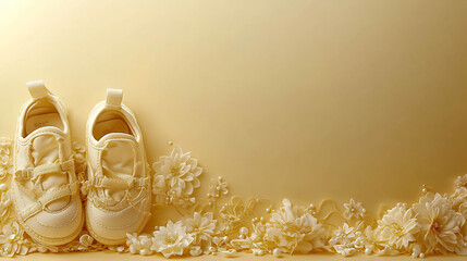 Yellow baby shoes with floral decorations on a yellow background. AI-generated